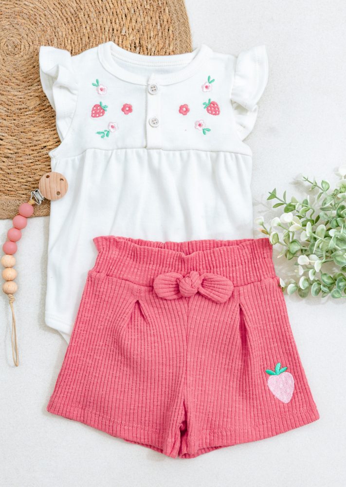 Conjunto Body Bordado Moranguinho Com Short Laço Rosa