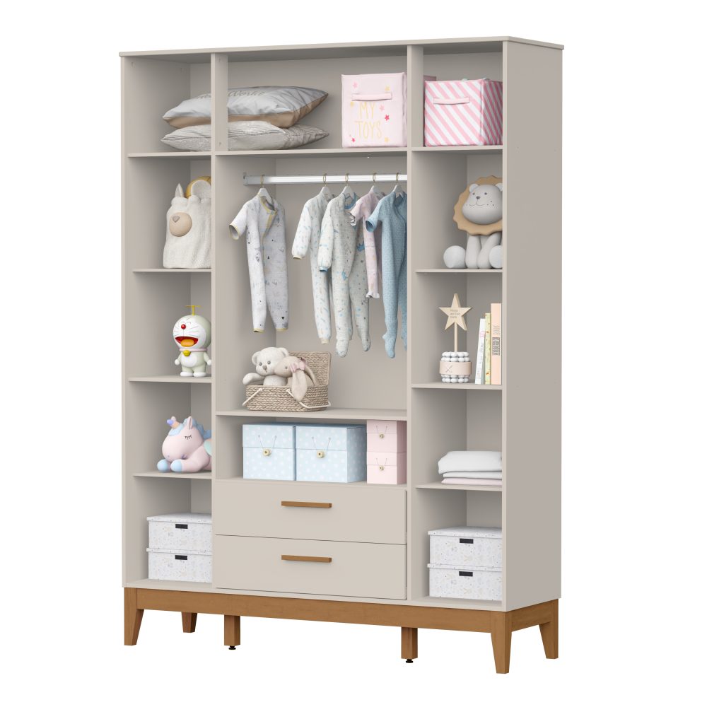 Quarto de Bebê Flip Reller | Guarda-Roupa 4 Portas, Cômoda e Berço - Areia Fosco