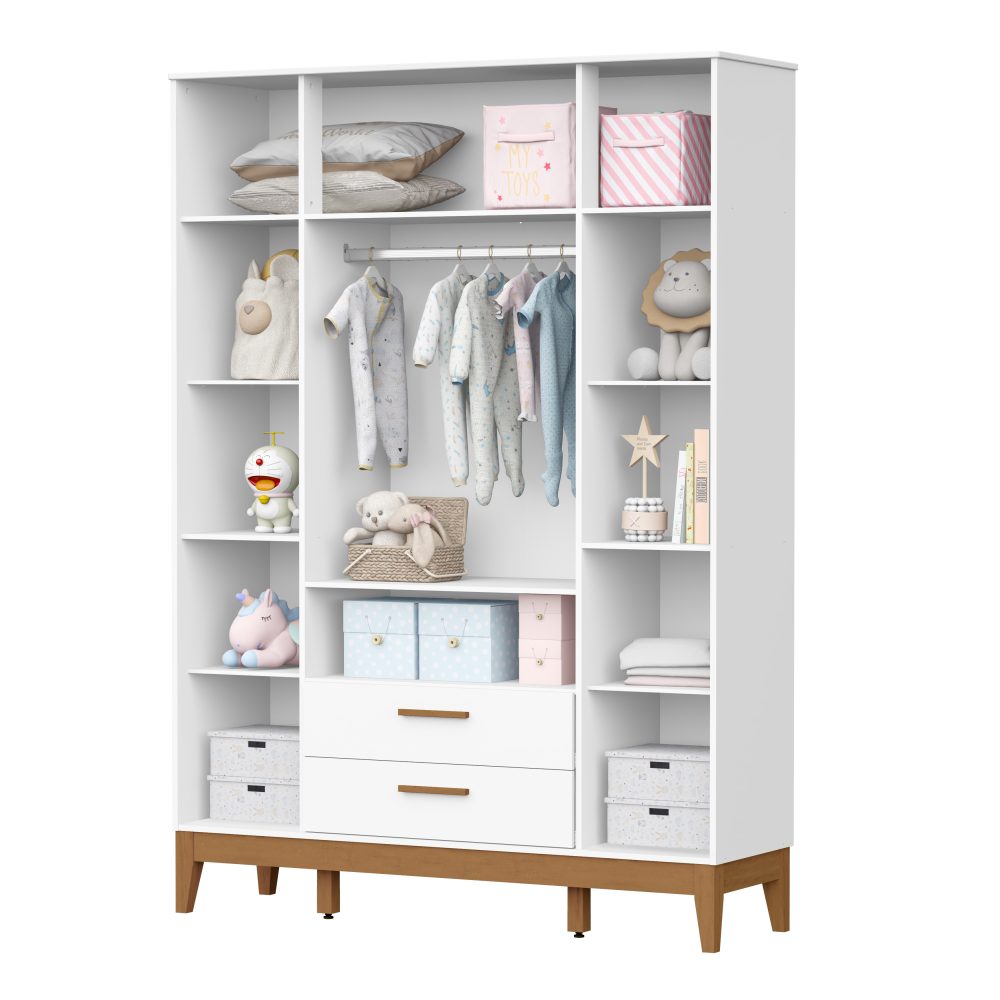 Quarto de Bebê Flip Reller | Guarda-Roupa 4 Portas, Cômoda e Berço - Branco Fosco