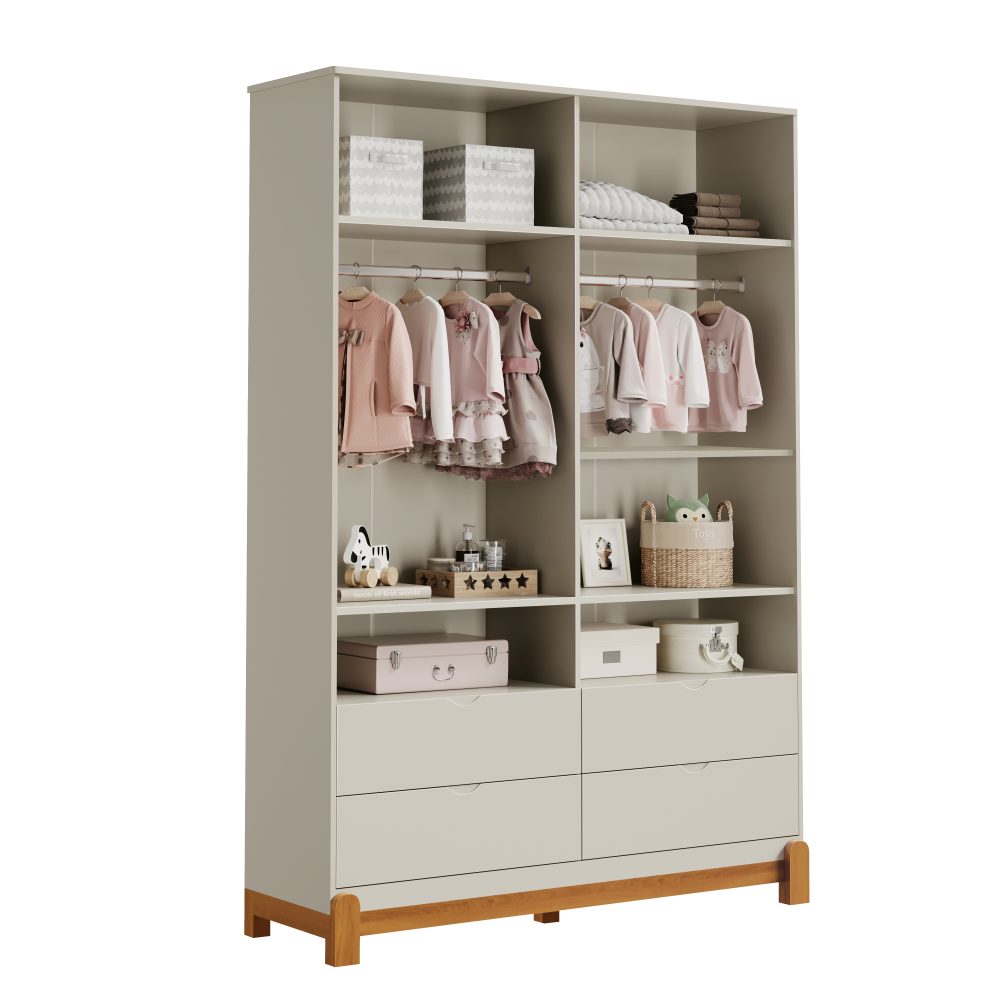 Quarto de Bebê Lotus Reller | Guarda-Roupa 4 Portas, Cômoda e Berço - Areia Fosco