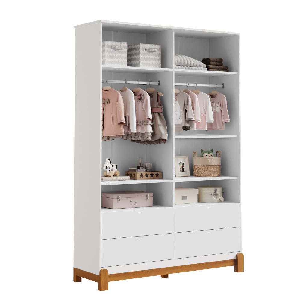 Quarto de Bebê Lotus Reller | Guarda-Roupa 4 Portas, Cômoda Sapateira e Berço - Branco Fosco