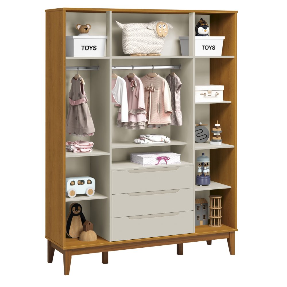 Quarto de Bebê Elfe Classic Reller | Guarda-Roupa 4 Portas, Cômoda e Berço Noah - Areia Fosco com Savana