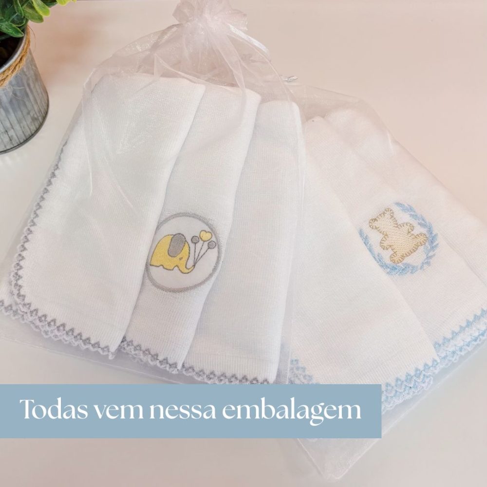 Kit Fralda de Boca Premium Bordada - Ursinho Coroa Bege