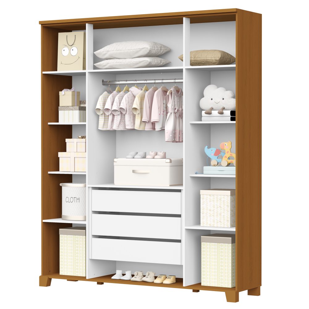 Quarto de Bebê Luna Max Reller | Guarda-Roupa 4 Portas, Cômoda e Berço Evolutivo - Branco Fosco Com Savana