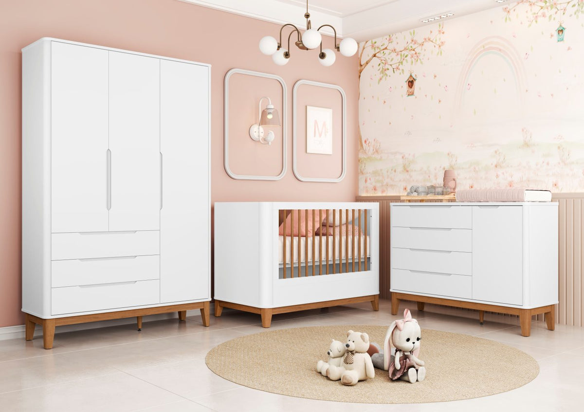 Quarto de Bebê Boom Plus Classic | Guarda-Roupa 3 Portas, Cômoda e Berço Reller - Branco Fosco