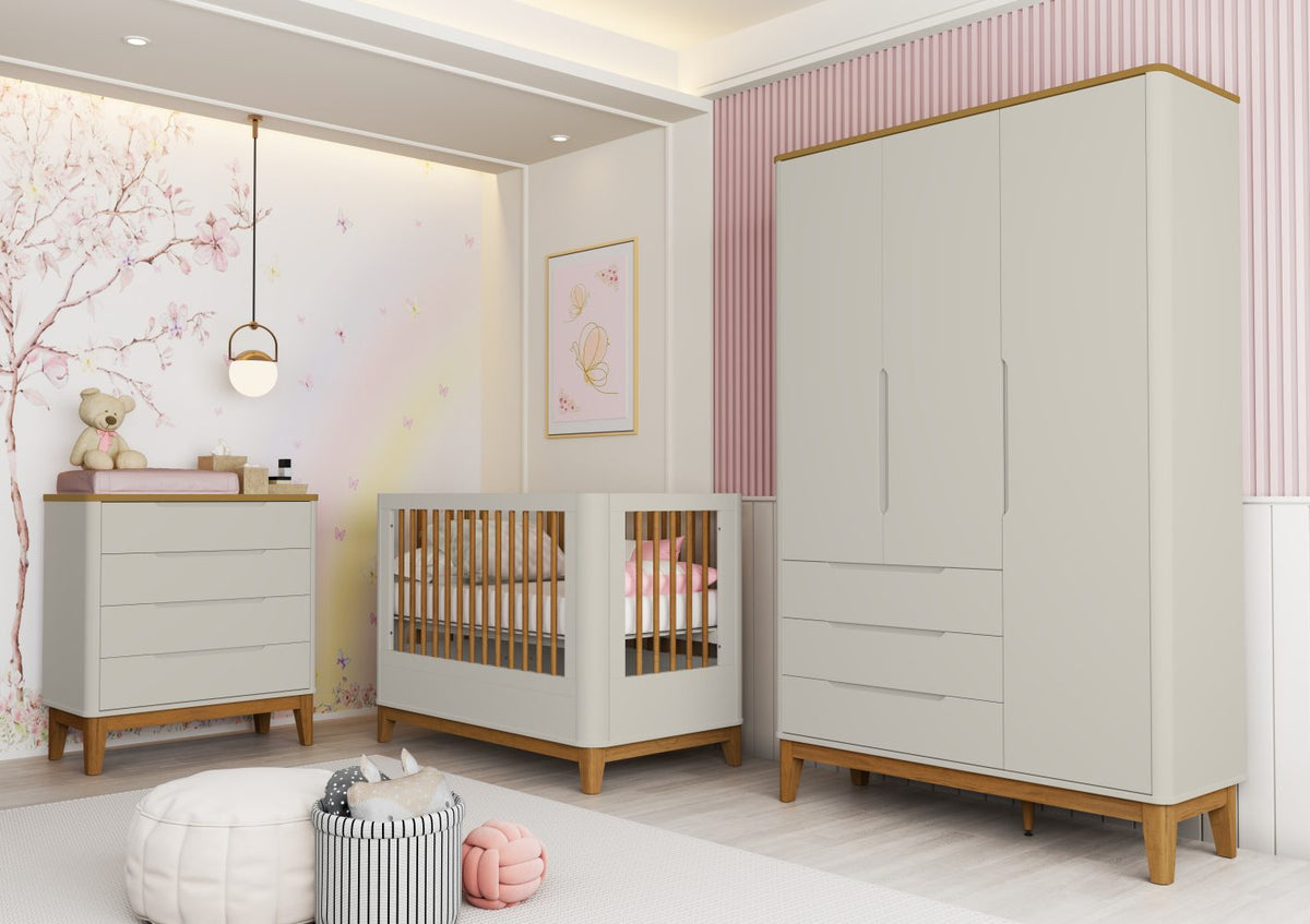 Quarto de Bebê Boom Slim Classic| Guarda-Roupa 3 Portas, Cômoda e Berço Reller - Areia Fosco Com Savana