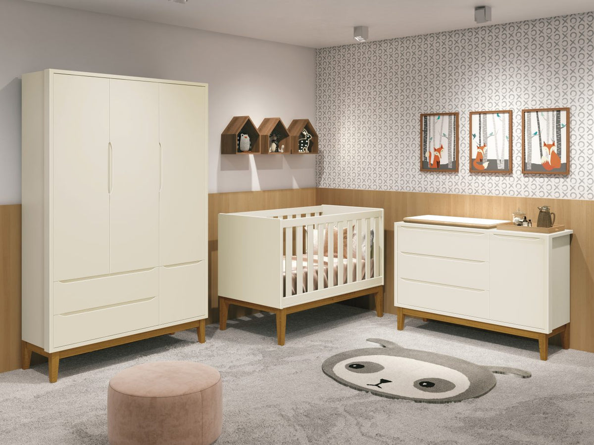 Quarto de Bebê Classic Reller | Guarda-Roupa 3 Portas, Cômoda e Berço - Areia Fosco