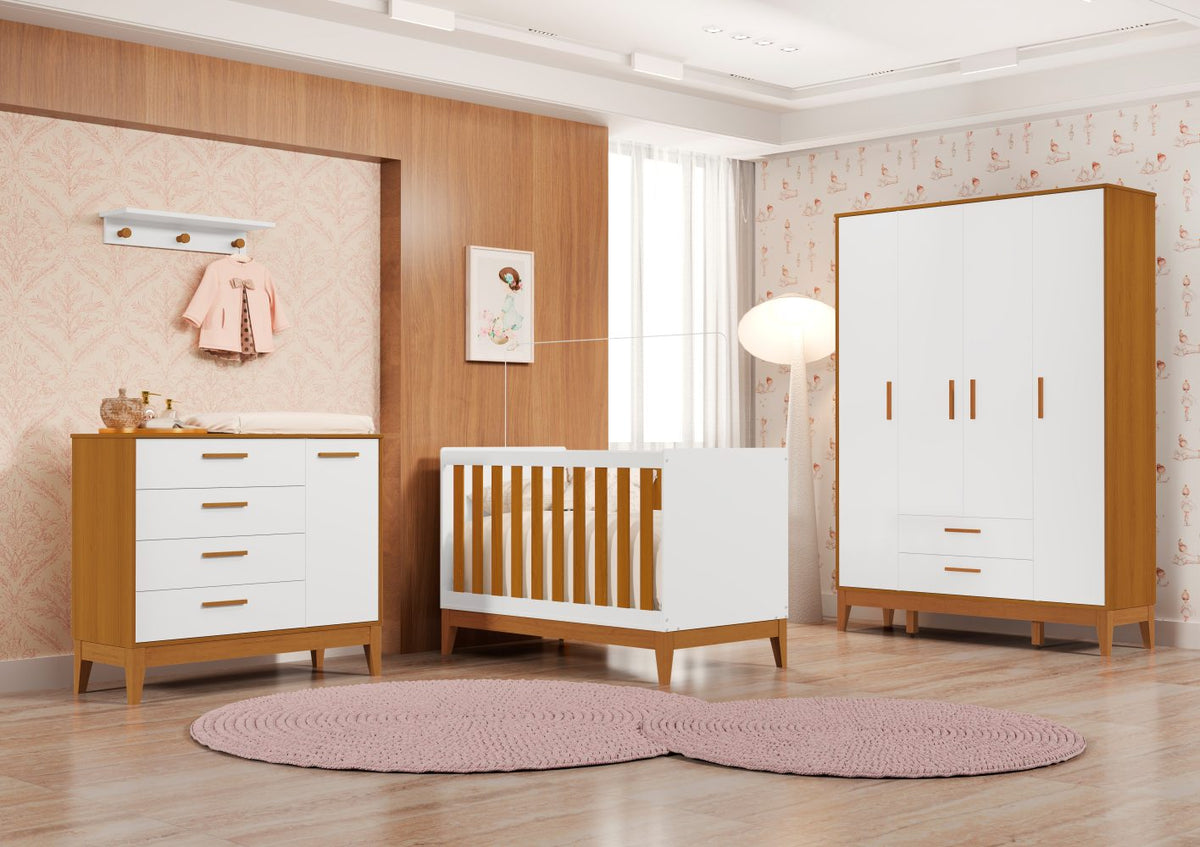 Quarto de Bebê Flip Reller | Guarda-Roupa 4 Portas, Cômoda e Berço - Branco Fosco Com Savana