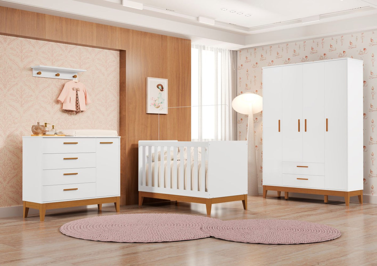 Quarto de Bebê Flip Reller | Guarda-Roupa 4 Portas, Cômoda e Berço - Branco Fosco