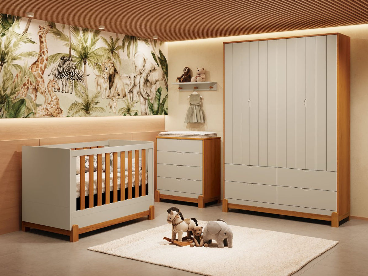 Quarto de Bebê Lotus Reller | Guarda-Roupa 4 Portas, Cômoda e Berço - Areia Fosco Com Savana