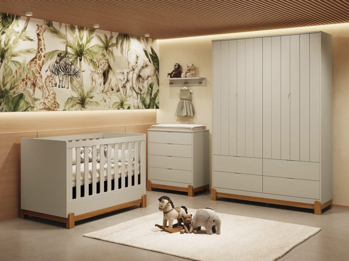 Quarto de Bebê Lotus Reller | Guarda-Roupa 4 Portas, Cômoda e Berço - Areia Fosco