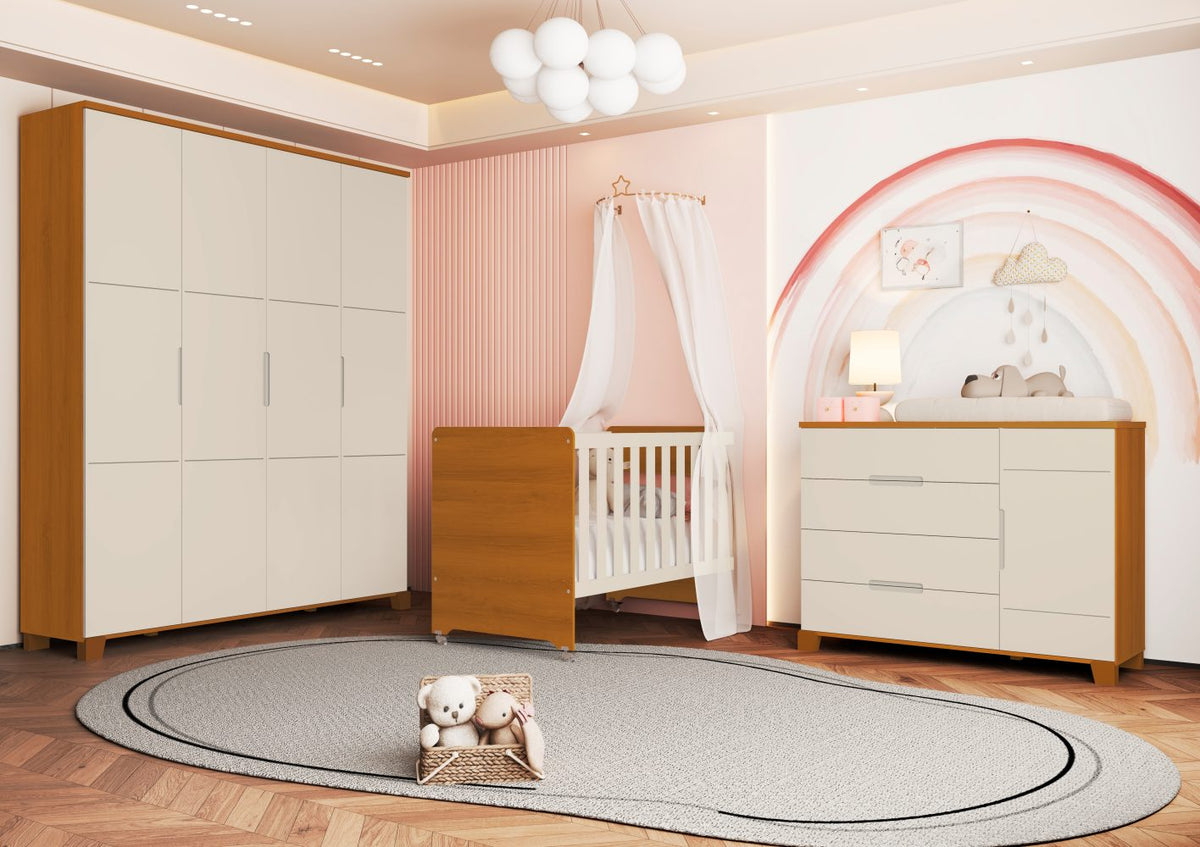 Quarto de Bebê Luna Max Reller | Guarda-Roupa 4 Portas, Cômoda e Berço Evolutivo- Areia Fosco Com Savana