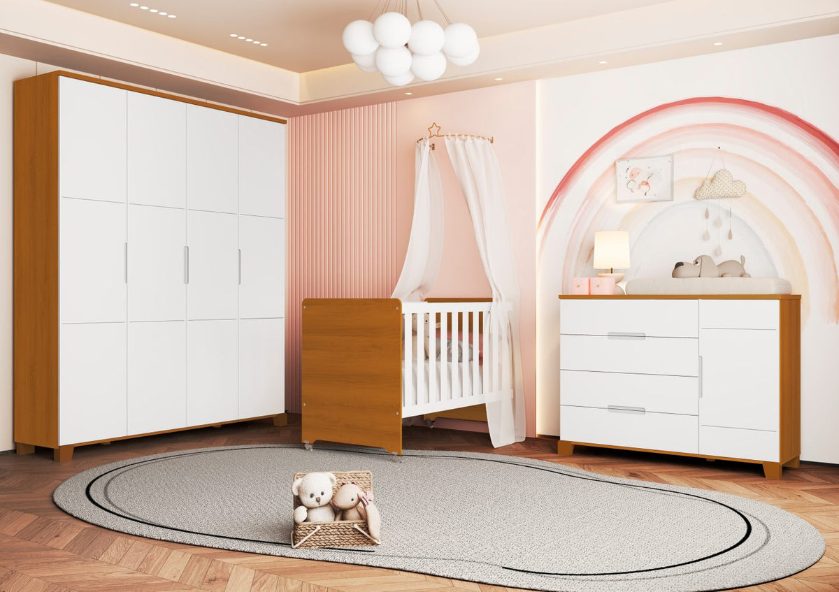 Quarto de Bebê Luna Max Reller | Guarda-Roupa 4 Portas, Cômoda e Berço Evolutivo - Branco Fosco Com Savana