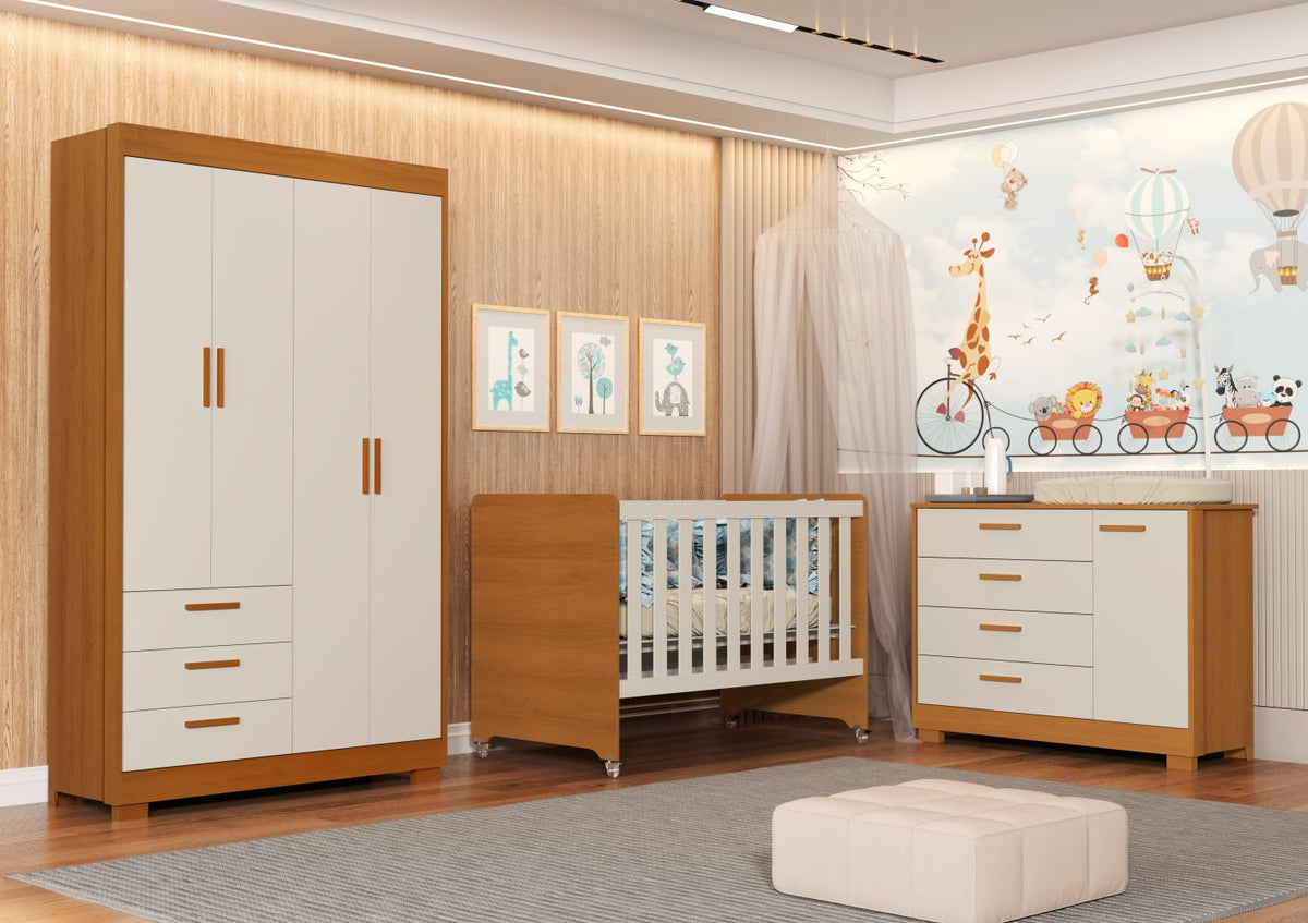 Quarto de Bebê Zaki Reller | Guarda-Roupa 4 Portas, Cômoda e Berço Evolutivo - Areia Fosco Com Savana
