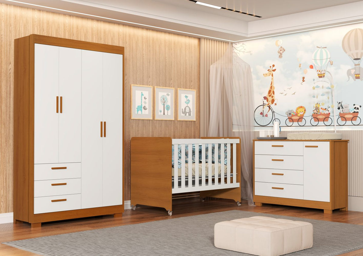 Quarto de Bebê Zaki Reller | Guarda-Roupa 4 Portas, Cômoda e Berço Evolutivo - Branco Fosco Com Savana