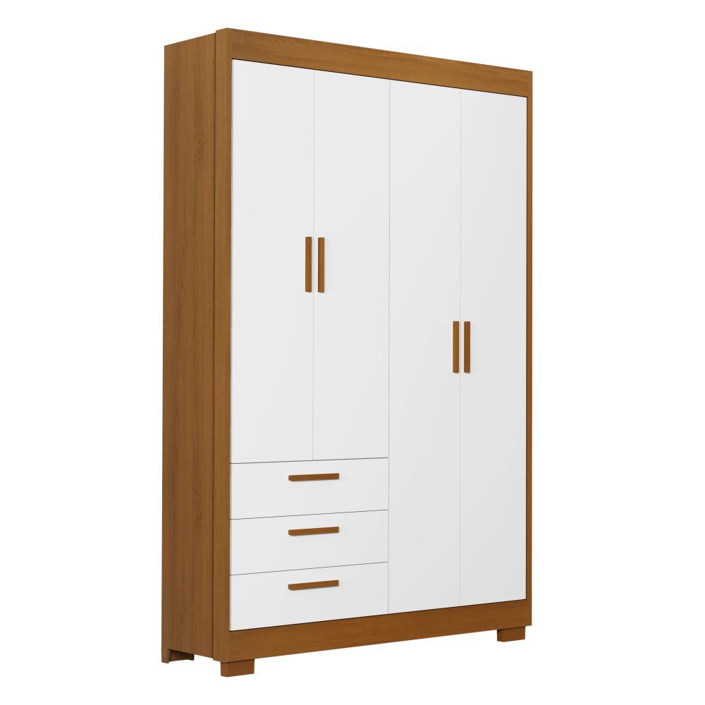 Quarto de Bebê Zaki Reller | Guarda-Roupa 4 Portas, Cômoda e Berço Evolutivo - Branco Fosco Com Savana