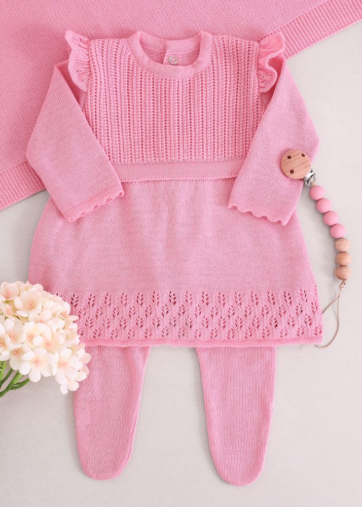 Saída Maternidade RN Rosa em Tricô com Vestido, Calça e Manta