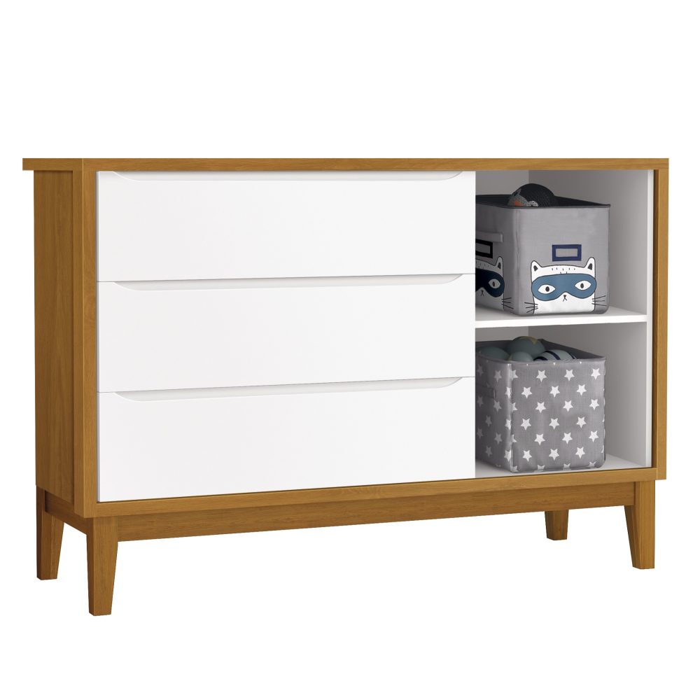 Quarto de Bebê Classic Reller | Guarda-Roupa 3 Portas, Cômoda e Berço - Branco Fosco com Savana