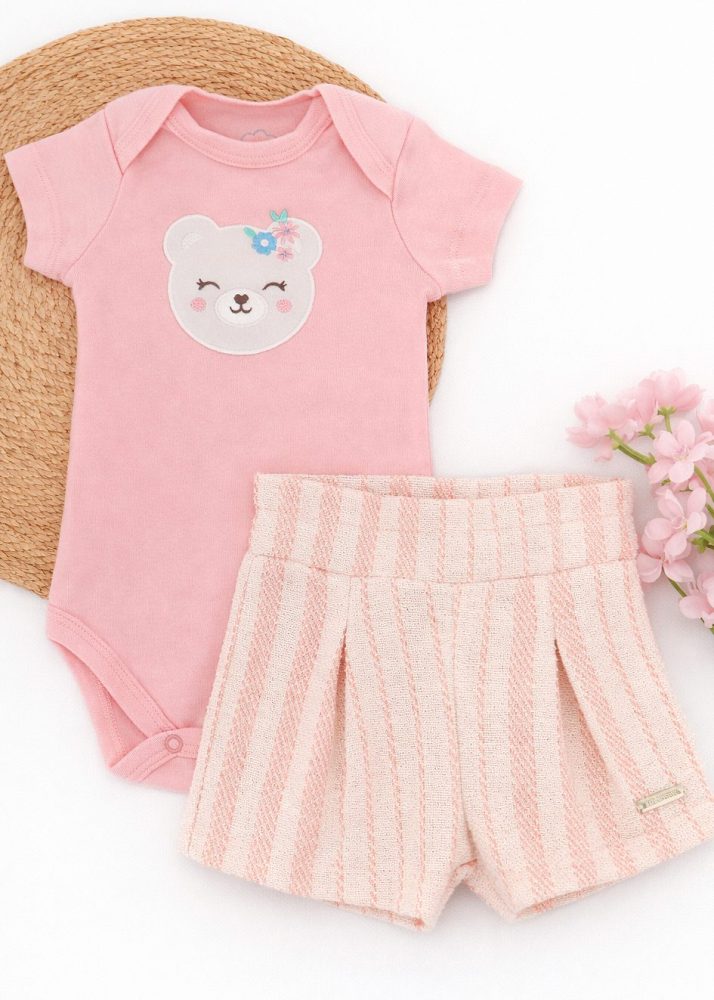 Conjunto Body Bordado Urso e Shorts Listrado Rosa Bebê Iase