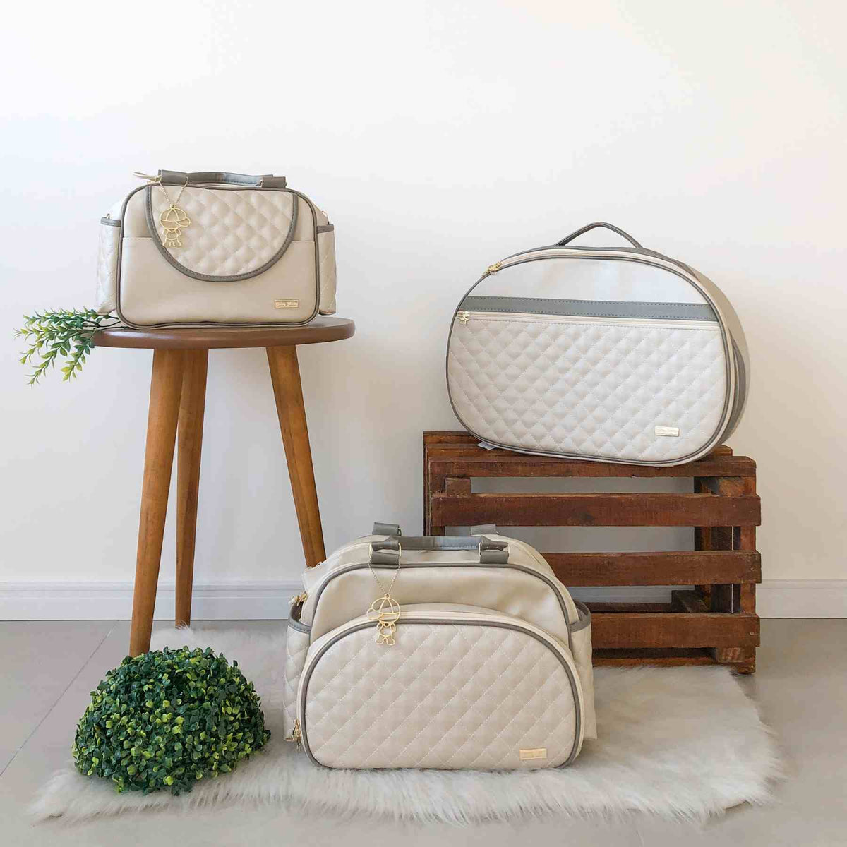 Kit Bolsa Luxo - 3 Peças Creme e Cinza
