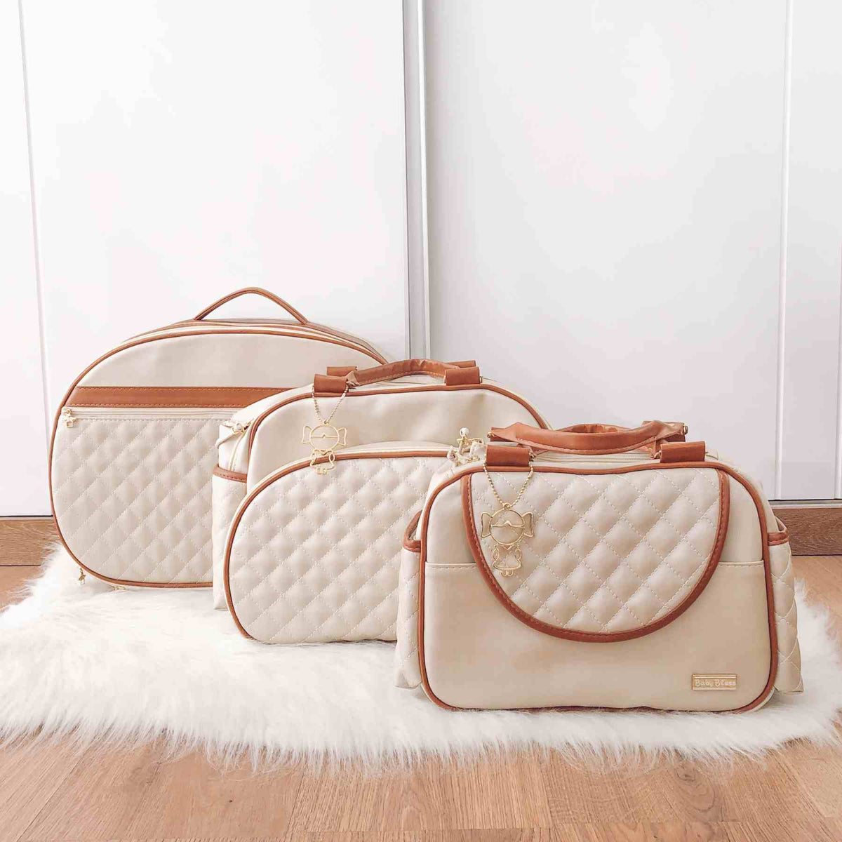 Kit Bolsa Luxo - 3 Peças Creme e Caramelo
