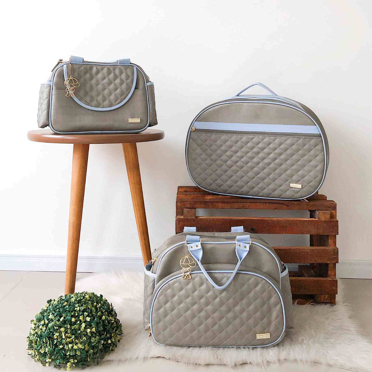Kit Bolsa Luxo - 3 Peças Cinza e Azul Bebê
