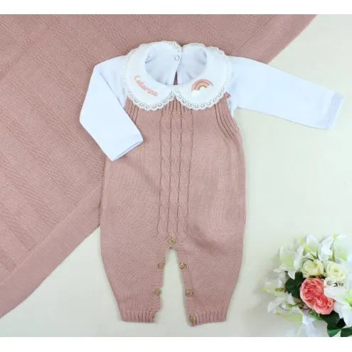 Saída De Maternidade Feminina Bebê Tricô Laura 7 peças - ACOMPANHA BODY PERSONALIZADO                                                                        Rosê