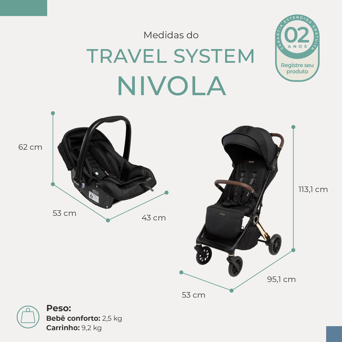 Carrinho Infanti Nivola Trio Preto Solar Com Base