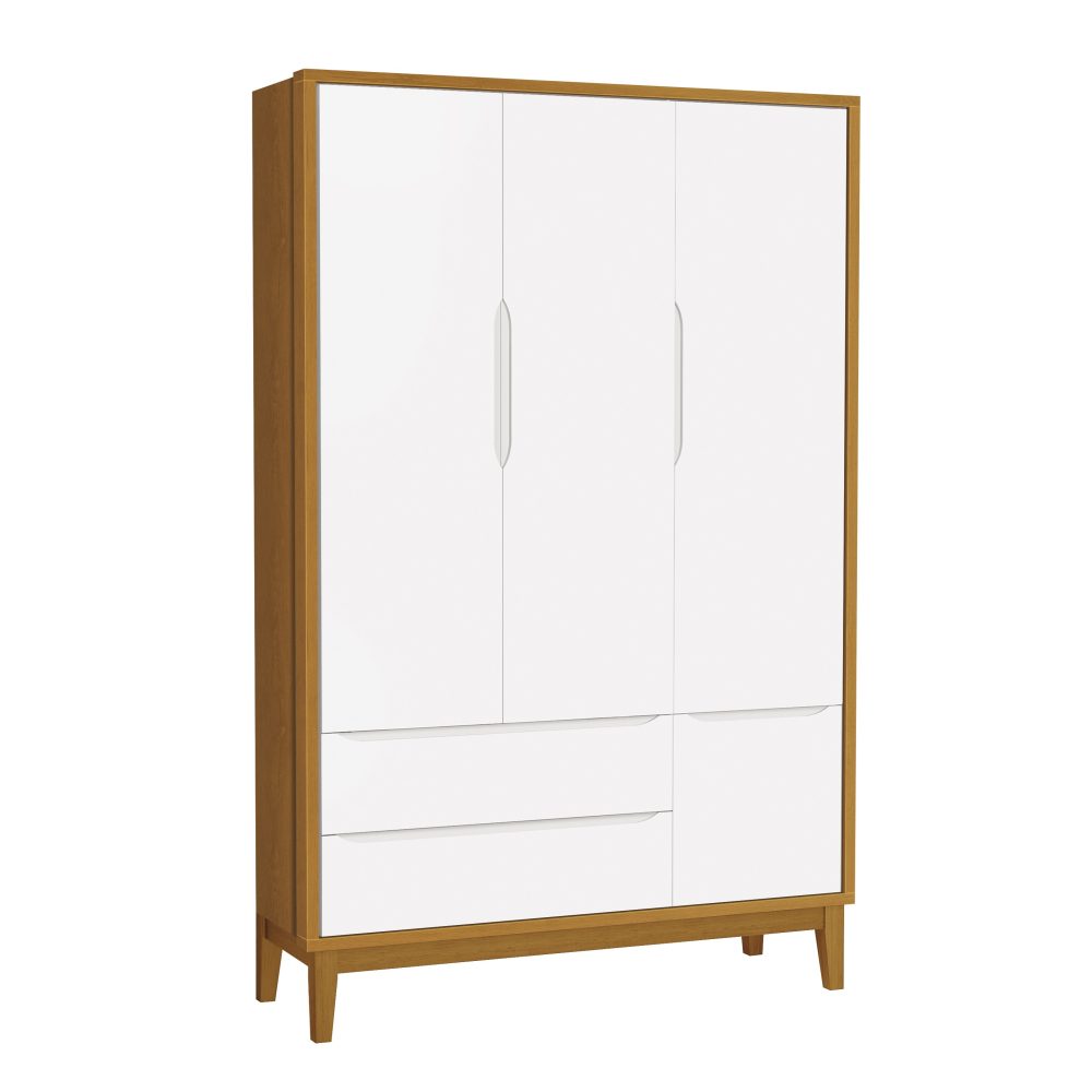 Quarto de Bebê Classic Reller | Guarda-Roupa 3 Portas, Cômoda e Berço - Branco Fosco com Savana