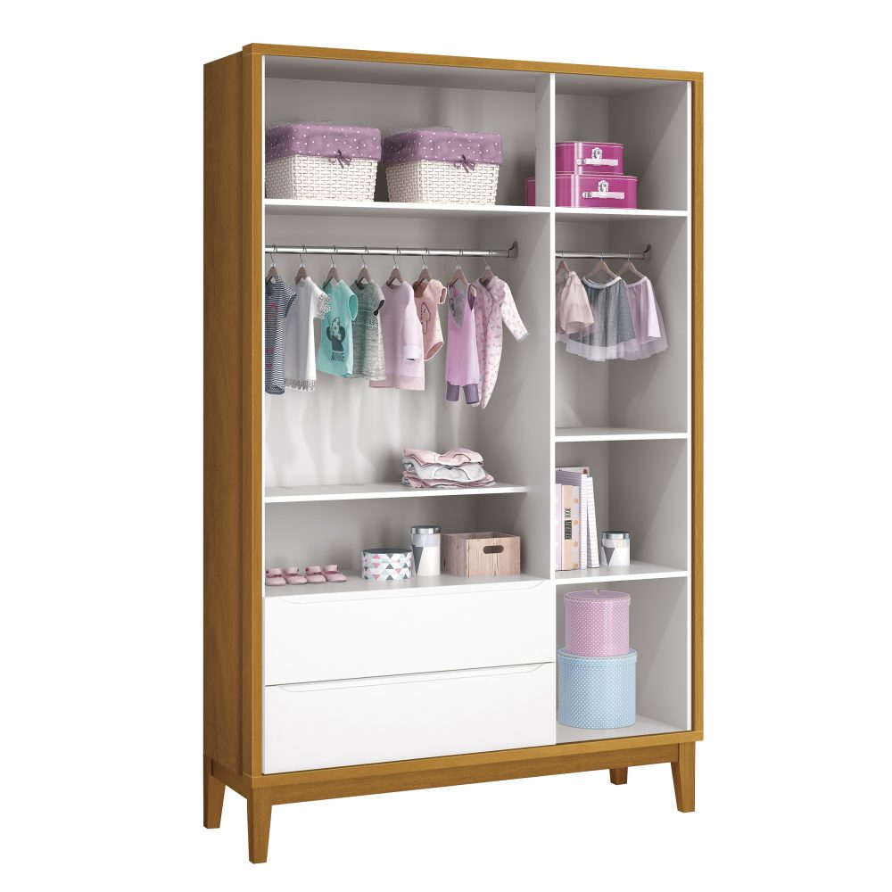 Quarto de Bebê Classic Reller | Guarda-Roupa 3 Portas, Cômoda e Berço - Branco Fosco com Savana