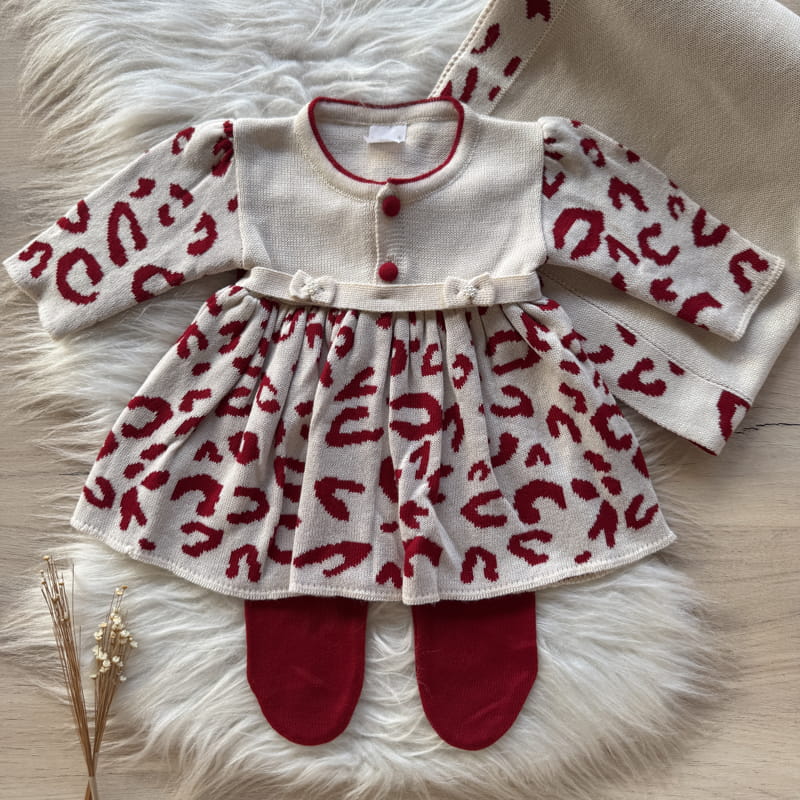 Saida Maternidade Laço e Botões Animal Print 3 Peças Bege e Vermelho