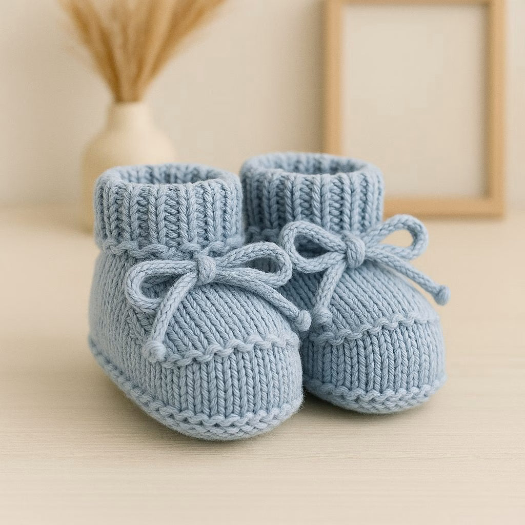 Sapatinho de Tricô Para Recém-Nascido - Azul com Cordão