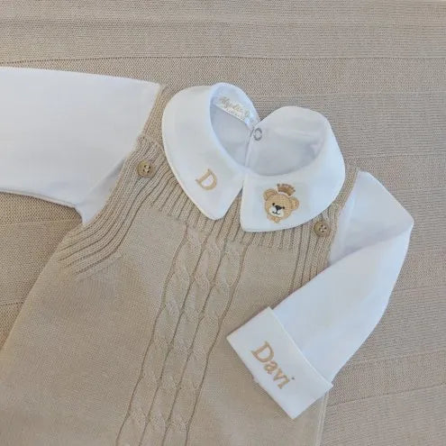Saída De Maternidade Masculina Bebê Tricô Caio 7 Peças - ACOMPANHA BODY PERSONALIZADO                                                                        Areia